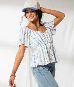 Tops | 33 Coastal Floral Embroidered Peplum Top Pale Banana