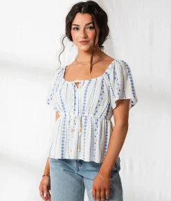 Tops | 33 Coastal Floral Embroidered Peplum Top Pale Banana