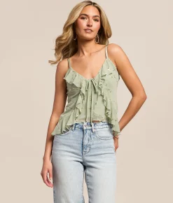 Tops | Willow & Root Floral Embroidered Ruffle Cropped Tank Top Sage Pink