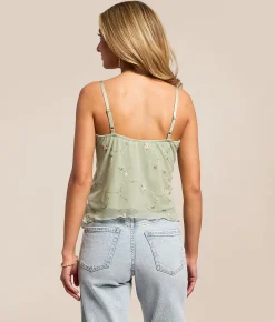 Tops | Willow & Root Floral Embroidered Ruffle Cropped Tank Top Sage Pink