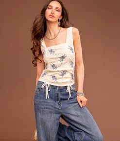 Tops | Sterling & Stitch Floral Embroidered Tank Top Cream Blue