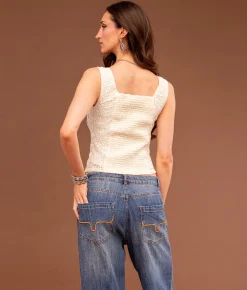 Tops | Sterling & Stitch Floral Embroidered Tank Top Cream Blue