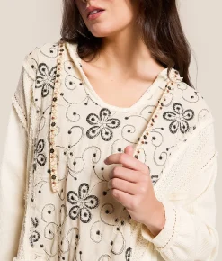 Tops | POL Floral Embroidered Thermal Hoodie Natural