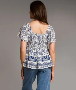 BKE Floral Eyelet Top Ivory Blue Hot