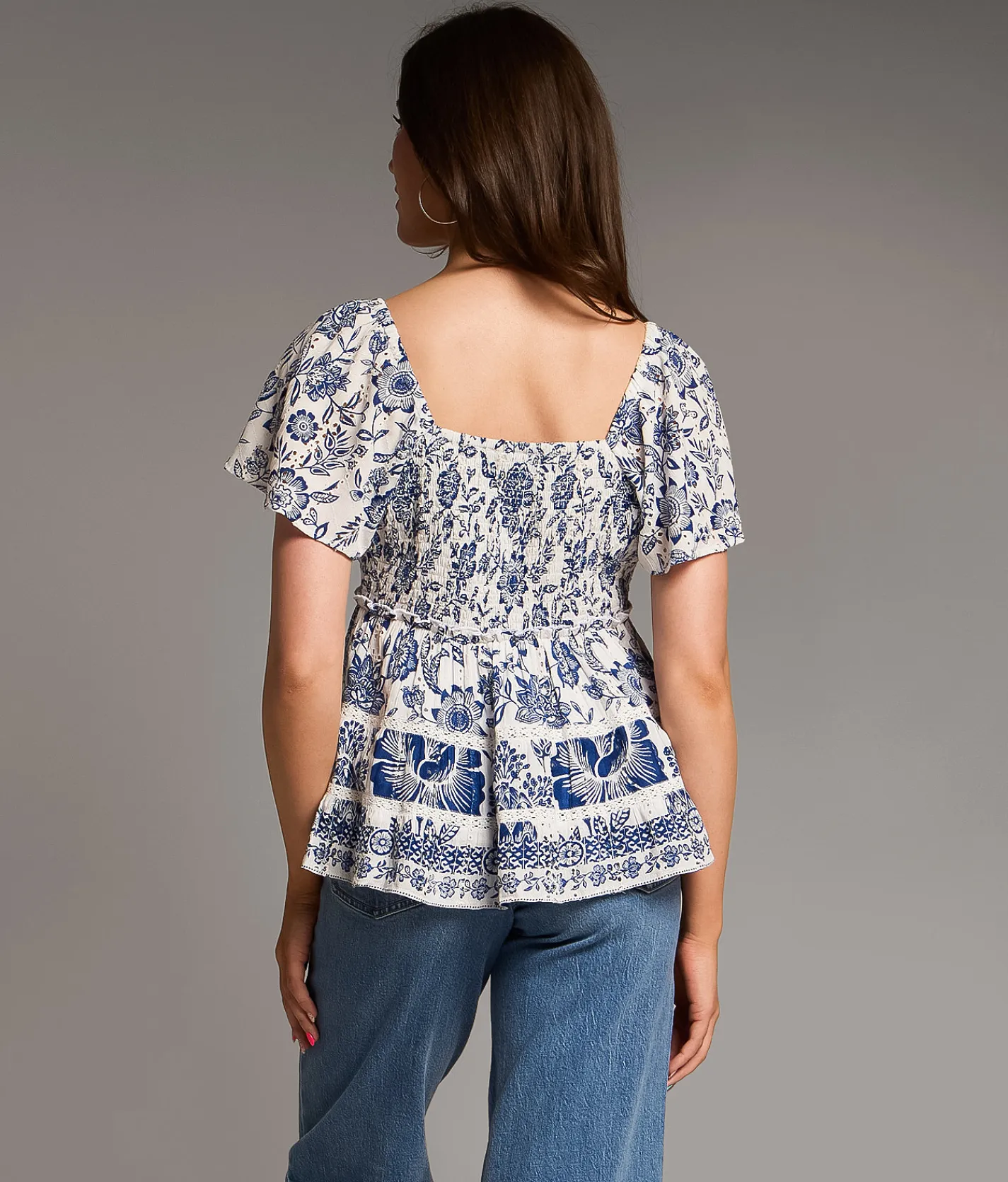 BKE Floral Eyelet Top Ivory Blue Hot
