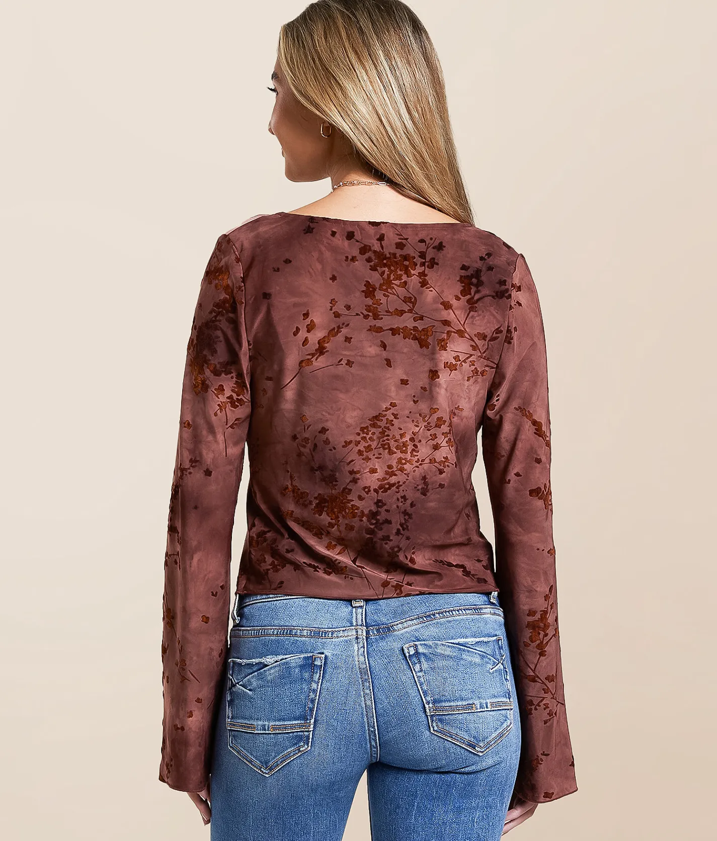 Willow & Root Floral Flocked Ruffle Top Brown Sale