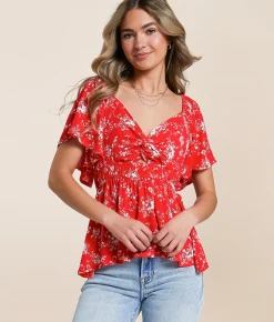 Daytrip Floral Flutter Sleeve Top Bittersweet Outlet