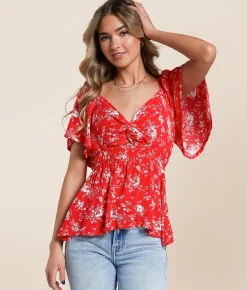 Daytrip Floral Flutter Sleeve Top Bittersweet Outlet
