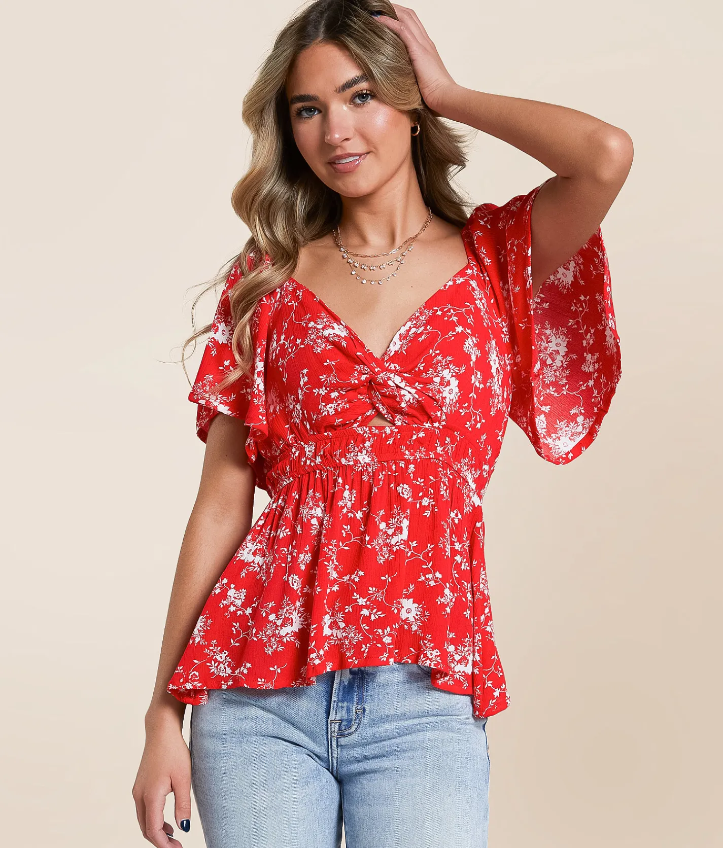 Daytrip Floral Flutter Sleeve Top Bittersweet Outlet