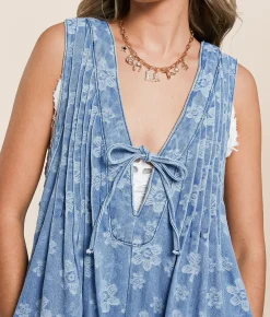 Veveret Floral Front Tie Denim Romper Embossed Floral Outlet