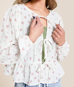 Willow & Root Floral Front Tie Peplum Top Cream Floral New