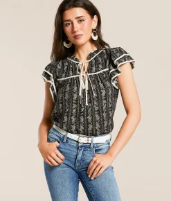 Tops | Blu Pepper Floral Front Tie Top Black Natural