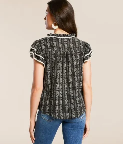 Tops | Blu Pepper Floral Front Tie Top Black Natural