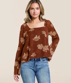 Tops | Willow & Root Floral Jacquard Chiffon Top Brown