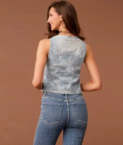 Sterling & Stitch Floral Jacquard Denim Vest Light Wash Hot