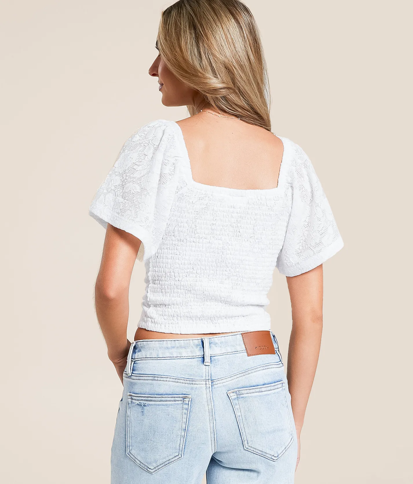 Tops | Willow & Root Floral Jacquard Keyhole Cropped Top White
