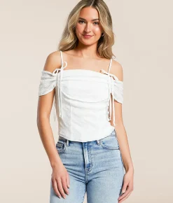 Willow & Root Floral Lace Cold Shoulder Top White Best