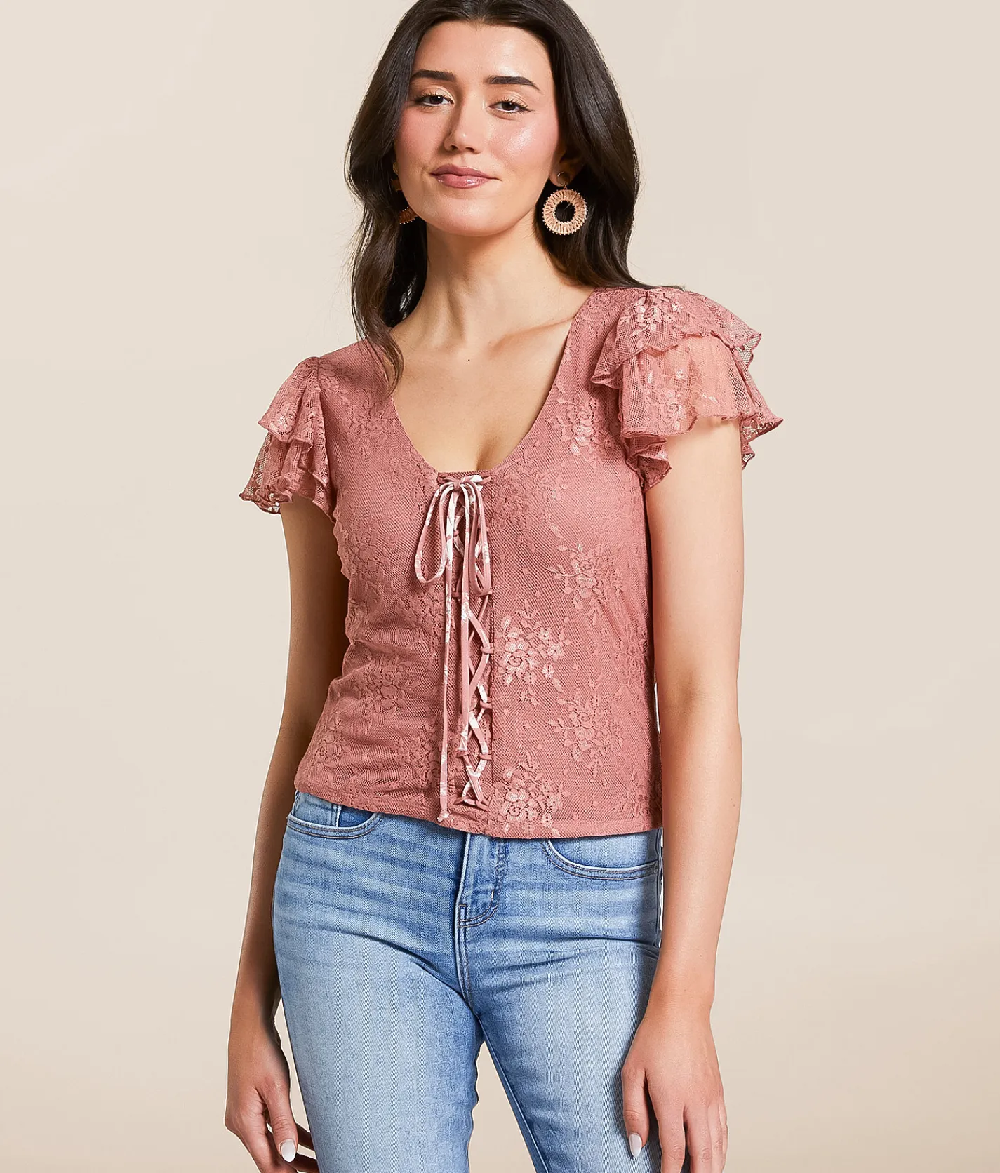 Tops | Willow & Root Floral Lace Flutter Top Withered Rose Cream