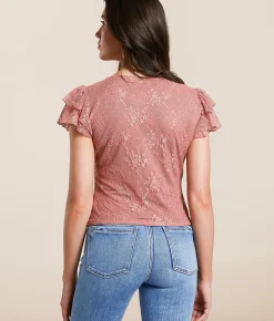 Tops | Willow & Root Floral Lace Flutter Top Withered Rose Cream
