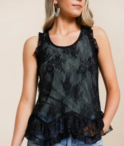 Tops | Daytrip Floral Lace Ruffle Tank Top Black
