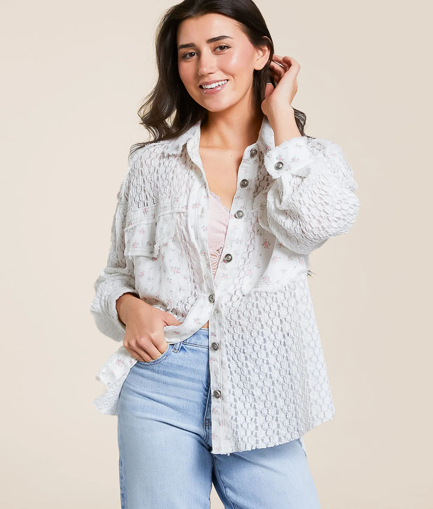 Tops|Coats & Jackets | POL Floral Lace Shacket Ivory Multi