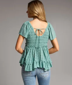 BKE Floral Lace Top Oil Blue Clearance