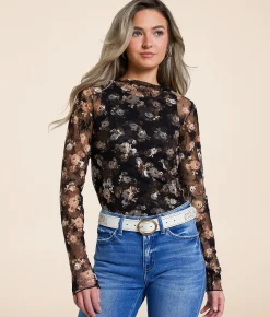 Willow & Root Floral Lace Top Black Taupe Outlet