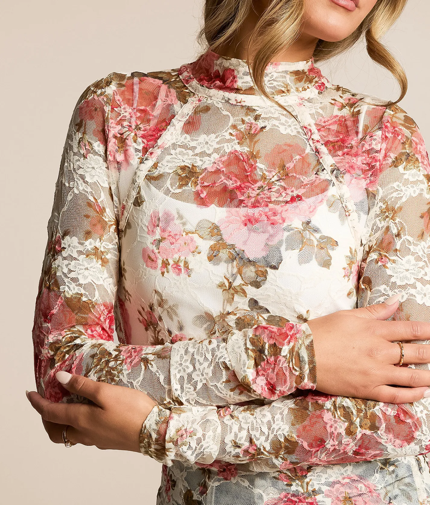 Willow & Root Floral Lace Top Cream Pink Clearance