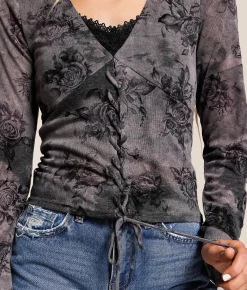 Tops | Willow & Root Floral Lace-Up Top Grey