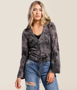 Tops | Willow & Root Floral Lace-Up Top Grey