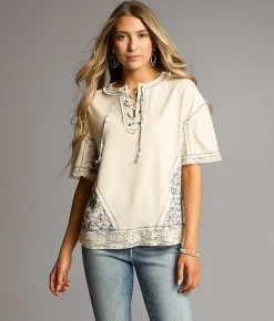 BKE Floral Lace-Up Top Cream Multi Discount