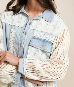 POL Floral Lace Western Oversized Shacket Denim Clearance