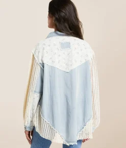 POL Floral Lace Western Oversized Shacket Denim Clearance