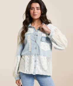 POL Floral Lace Western Oversized Shacket Denim Clearance