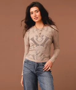 Tops | Gimmicks Floral Laser-Cut Cropped Top Cream
