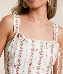 Willow & Root Floral Linen Blend Corset Tank Top Cream Pink Discount