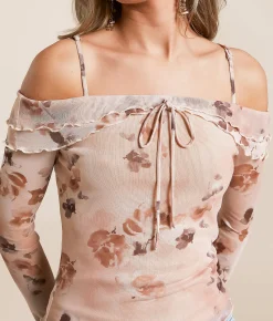 Tops | Willow & Root Floral Mesh Cold Shoulder Top Pink