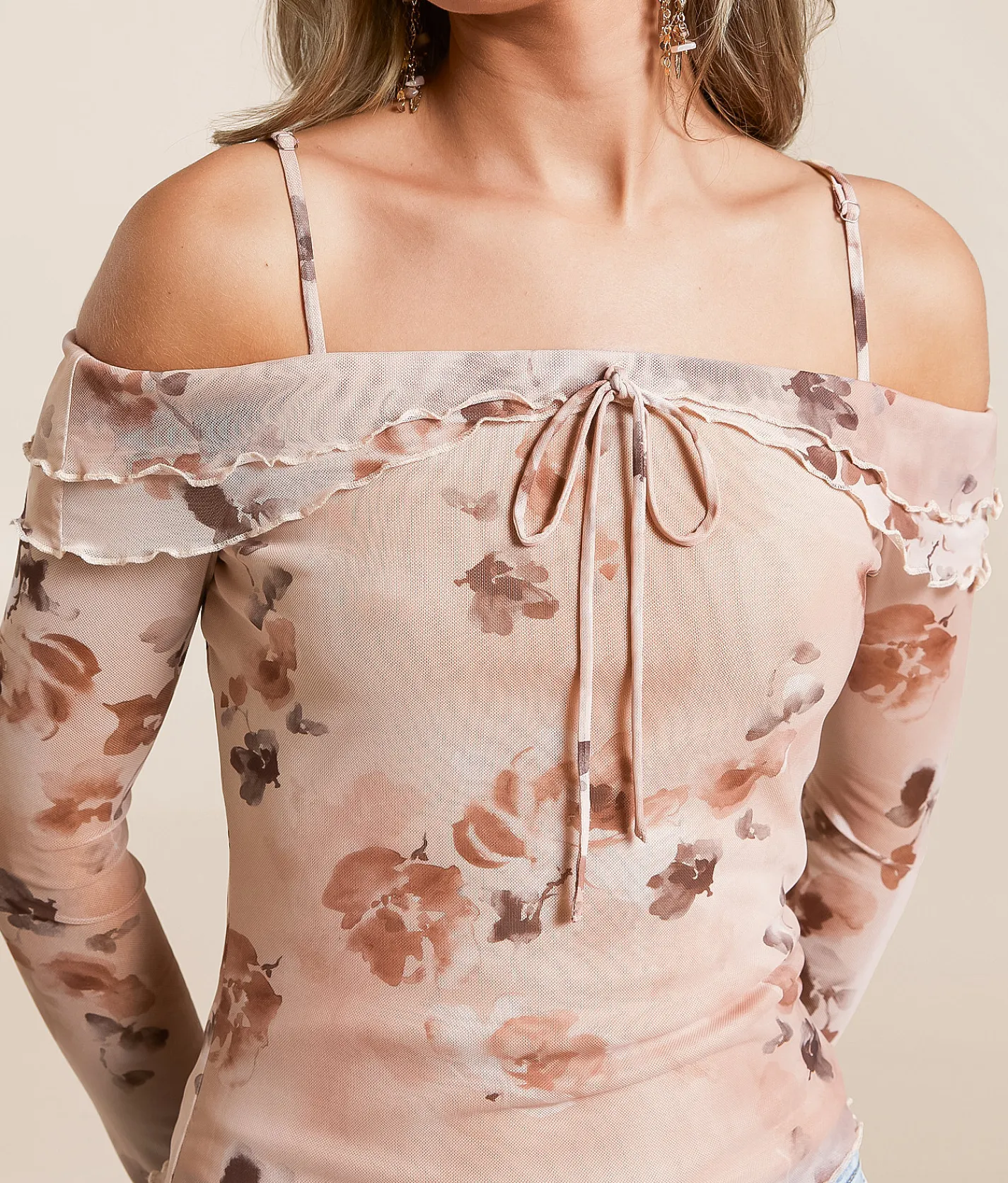 Tops | Willow & Root Floral Mesh Cold Shoulder Top Pink