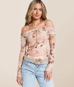 Tops | Willow & Root Floral Mesh Cold Shoulder Top Pink