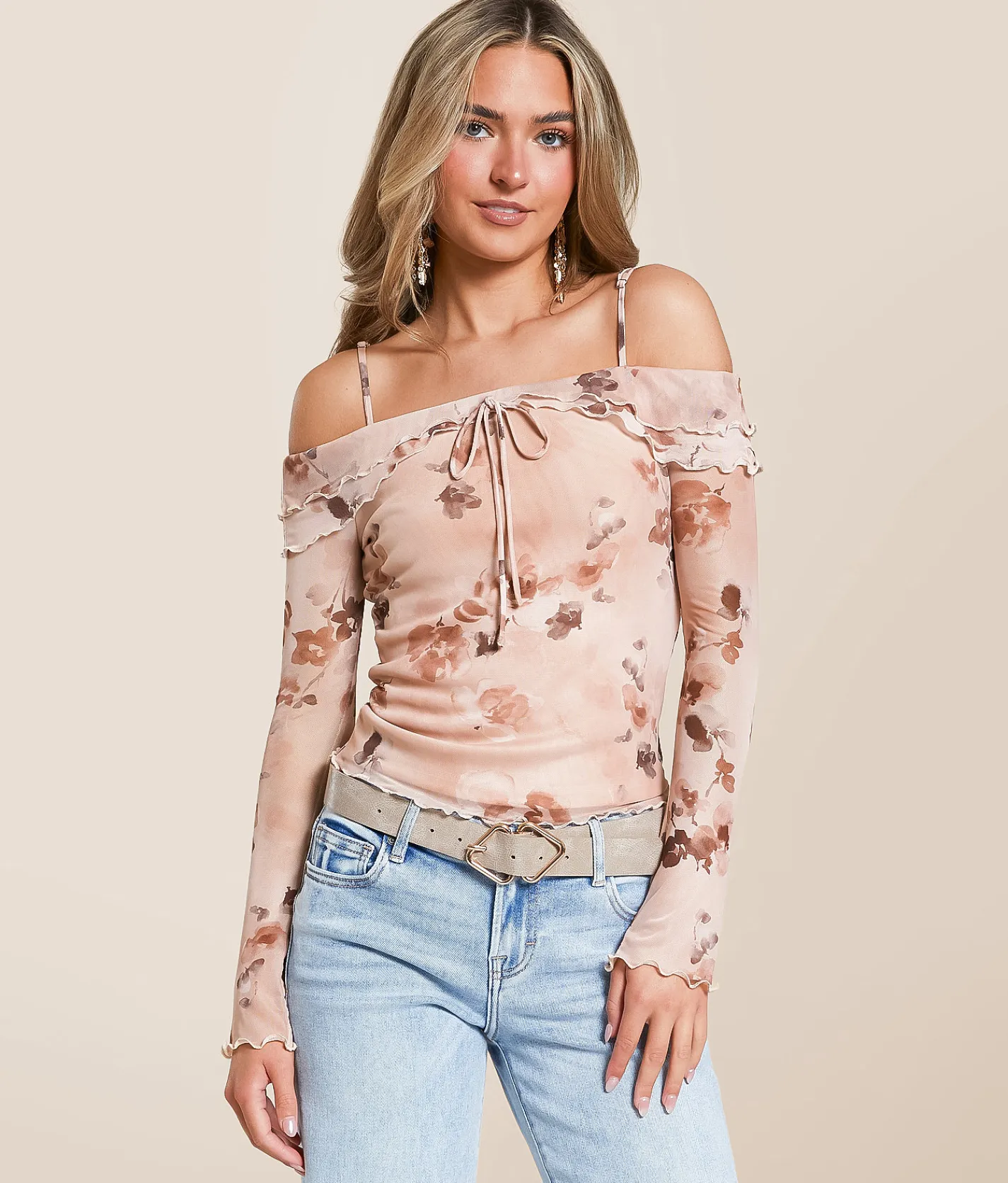 Tops | Willow & Root Floral Mesh Cold Shoulder Top Pink