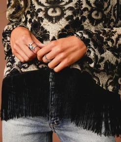 Sterling & Stitch Floral Mesh Fringe Top Black Taupe Hot