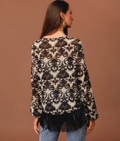 Sterling & Stitch Floral Mesh Fringe Top Black Taupe Hot
