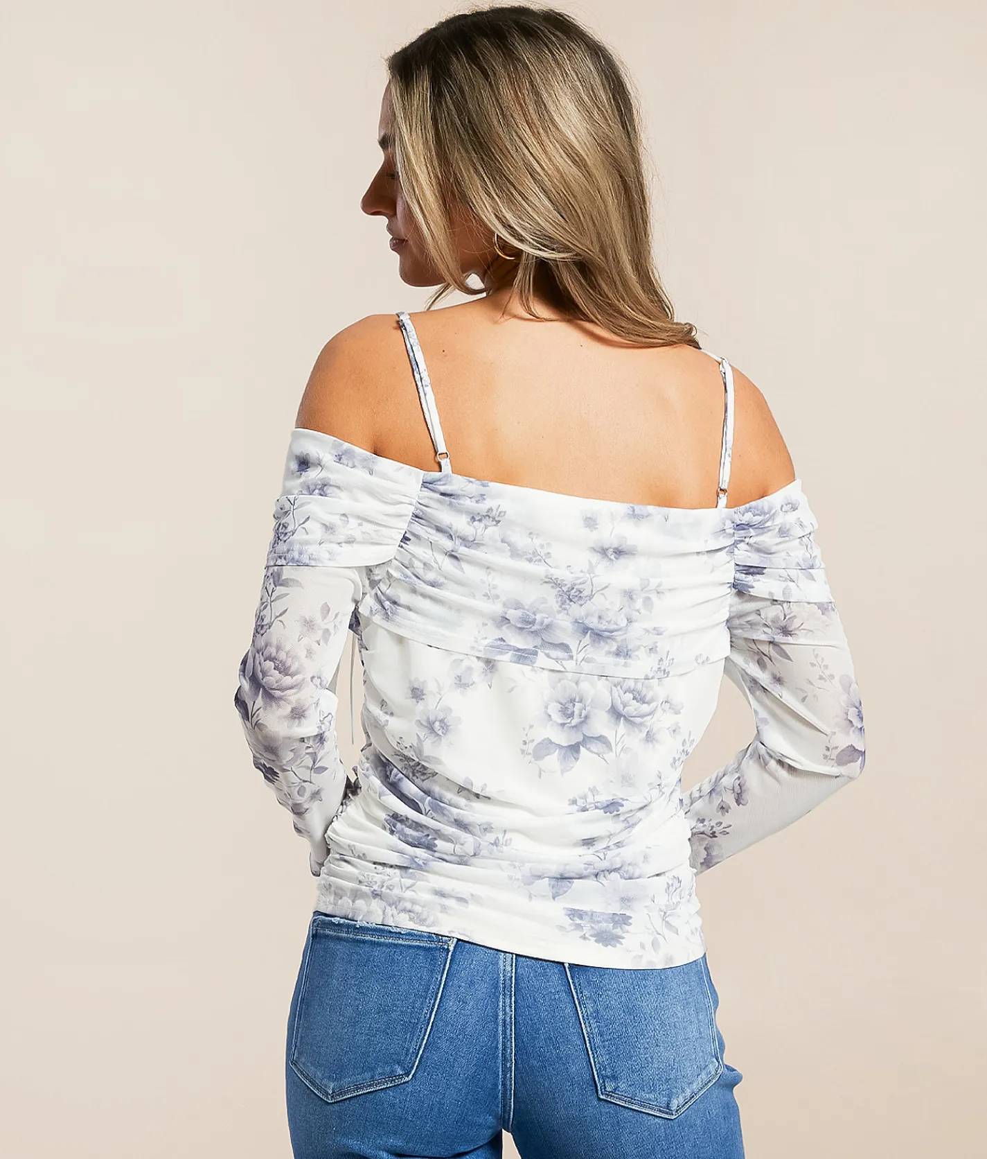Willow & Root Floral Mesh Ruched Top Blue White Sale