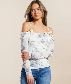 Willow & Root Floral Mesh Ruched Top Blue White Sale
