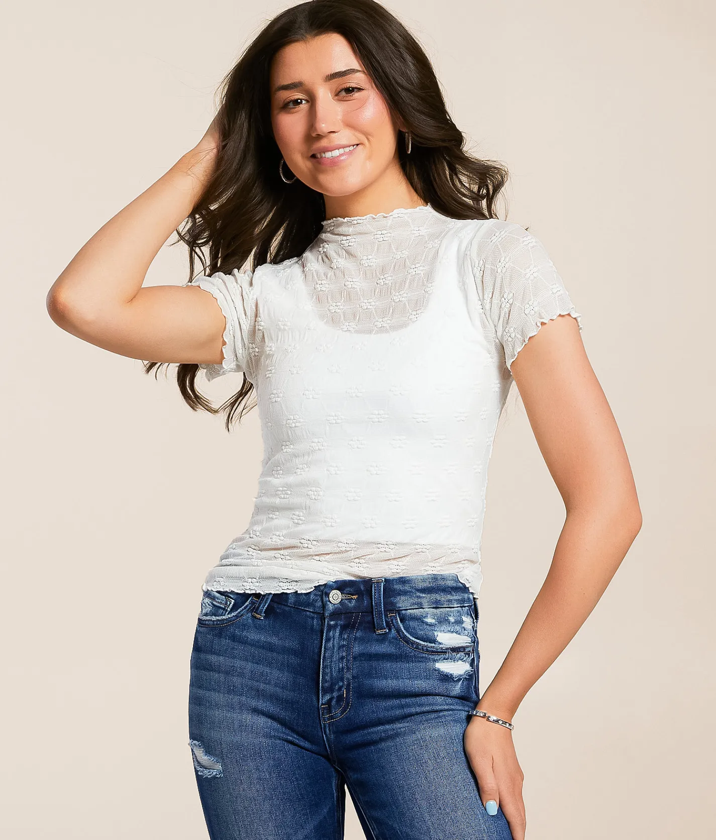 Tops | Willow & Root Floral Mesh Top White