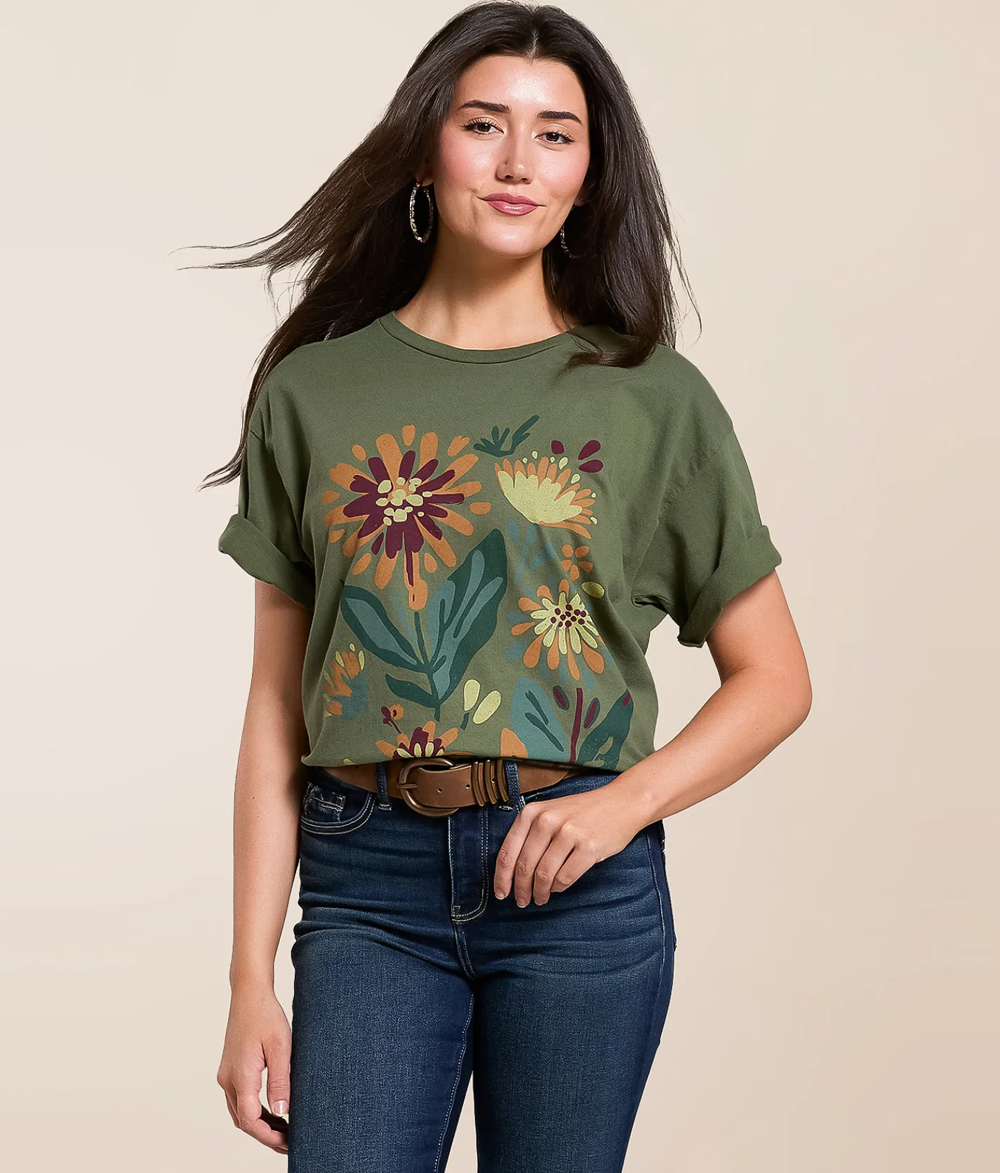 Modish Rebel Floral Mums Oversized T-Shirt Olive Online