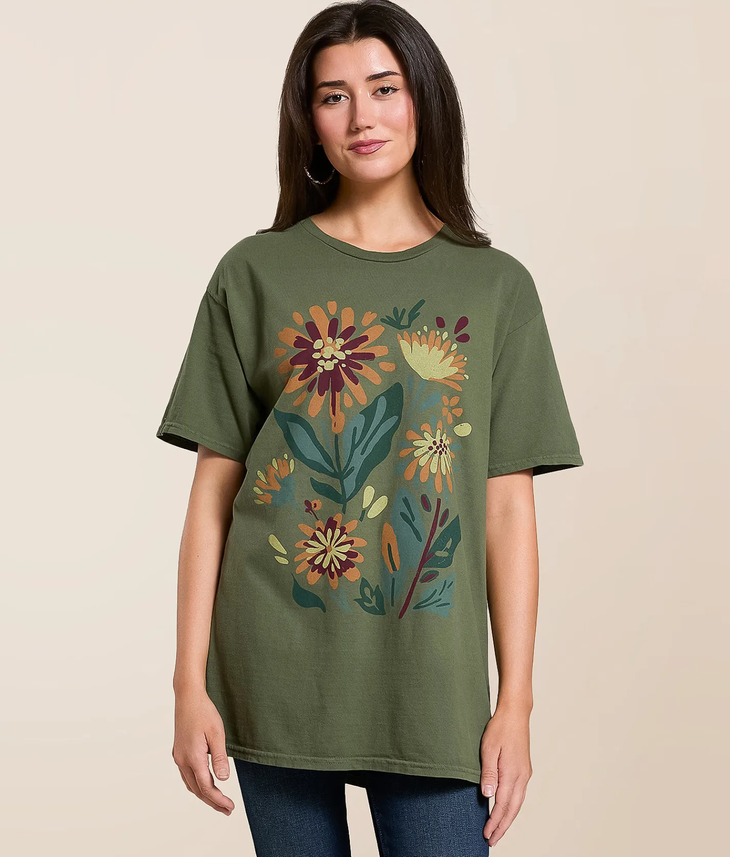 Modish Rebel Floral Mums Oversized T-Shirt Olive Online
