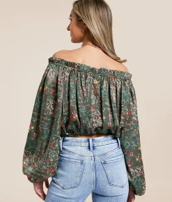 Tops | Willow & Root Floral Off The Shoulder Top Sage Multi