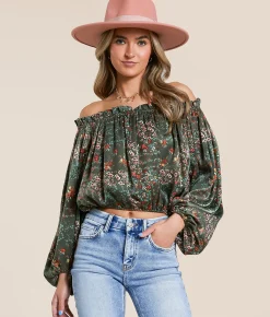 Tops | Willow & Root Floral Off The Shoulder Top Sage Multi
