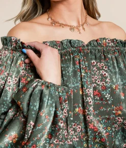 Tops | Willow & Root Floral Off The Shoulder Top Sage Multi